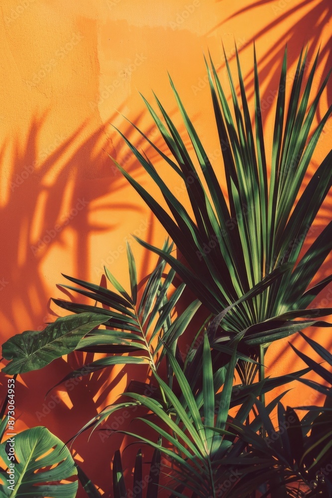 Poster a close up of plants in front of an orange wall, aesthetic sunset photography, boho style of plants 
