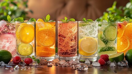 Refreshing Summer Fruit Infused Beverages With Ice and Mint Garnish