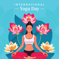International Yoga day illustration with flower leaves and women doing yoga pose.
