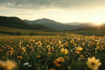 Obraz premium Hill with meadow featuring wildflowers, soft sunlight, and a peaceful ambiance for a picturesque landscape