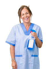 Middle age brunette cleaner woman wearing housework uniform over isolated background with a happy face standing and smiling with a confident smile showing teeth