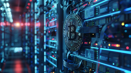 Obraz premium Bitcoin mining concept for cryptocurrency server farms.