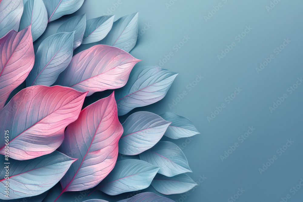 Wall mural Abstract composition of pink and blue leaves on a turquoise background, creating a serene and artistic design.
