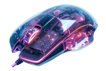A computer mouse with a neon pink and purple design