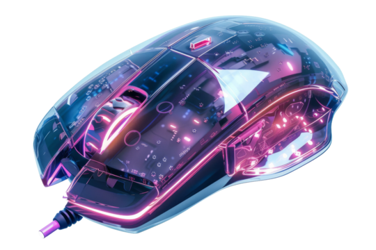 A computer mouse with a neon pink and purple design