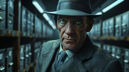A man in a hat and suit standing in front of a row of filing cabinets