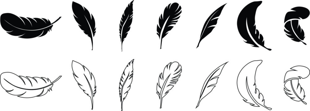 Set of Bird Feather. Feathers vector set in a flat style. Pen icon. Black quill feather silhouette. Plume let collection.vector eps10
