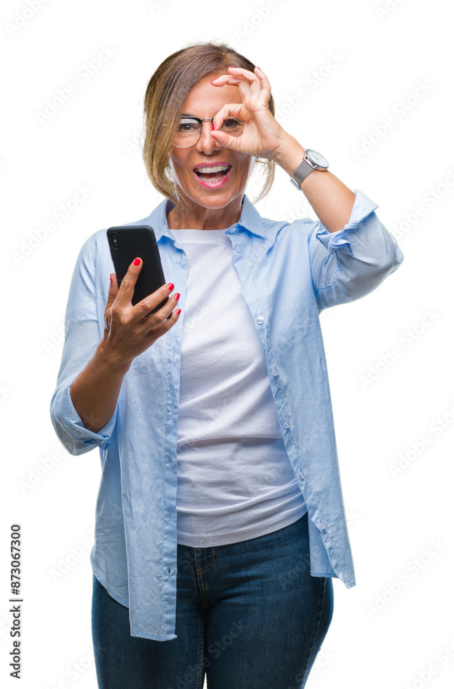 Wall mural middle age senior woman texting sending message using smartphone over isolated background with happy
