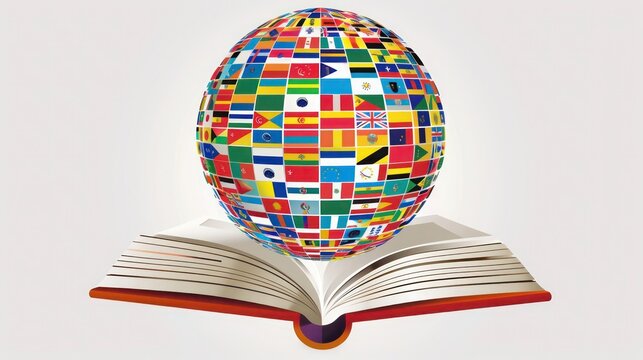 A colorful vector illustration of a globe made up of various national flags, superimposed on an open hardcover book, symbolizing the spread of multicultural knowledge.
