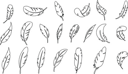 Set of Bird Feather. Feathers vector set in a flat style. Pen icon. Black quill feather silhouette. Plume let collection.vector eps10