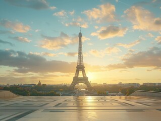 Eiffel Tower landmark from Trocadero at sunrise, Paris, France