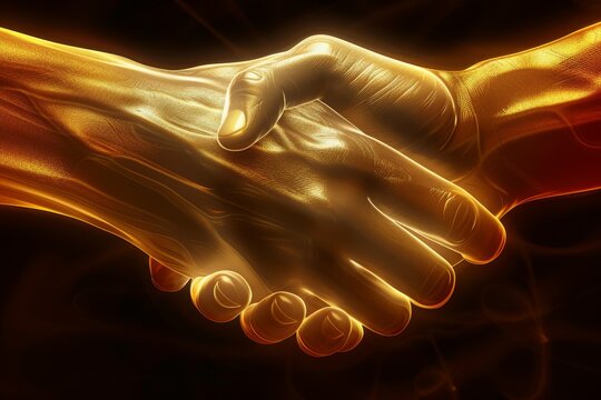 Golden handshake, digital illustration, symbolic and expressive, modern and vibrant