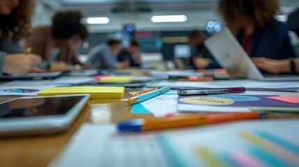 A close-up view of a busy conference table with papers, tablets, and stationery, people in a meeting, focused and engaged, some leaning over the table