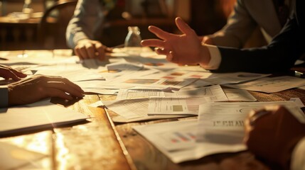 Fototapeta premium close-up of a conference table filled with documents, papers scattered around, intense meeting atmosphere, documentary photography style