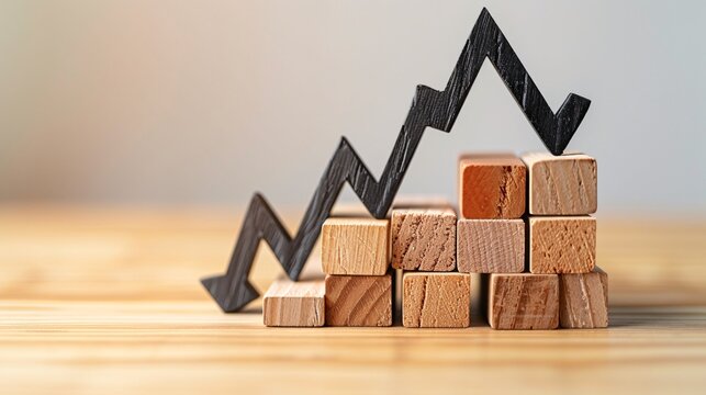 Black down arrows jumping down on stacked wood blocks, illustrating a decrease in business graph steps on a white background. Concepts of financial crisis, bankruptcy, loss of investment