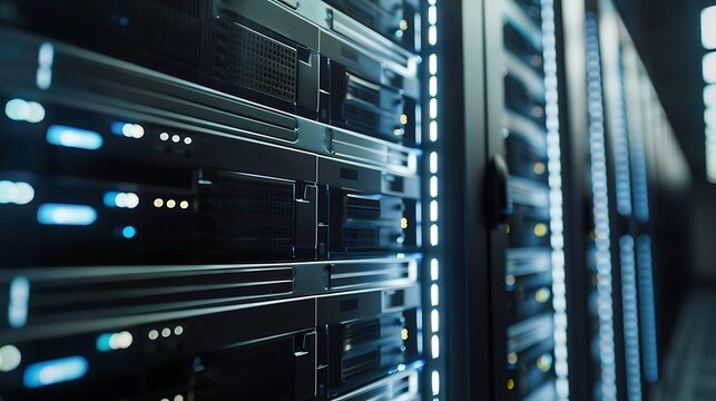 A detailed shot of a server room with rows of racks filled with powerful hardware processing and storing large volumes of data.
