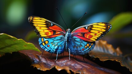 a colorful butterfly with multicolored wings is sitting on a wooden surface.