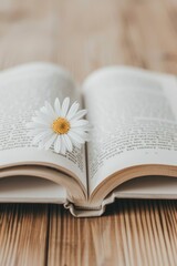 Tranquil Daisy Bookmark in Open Book on Wooden Table. Book cover design