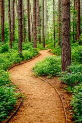 Naklejka premium Winding Forest Trail Amidst Tall Pine Trees and Lush Greenery. Book cover design