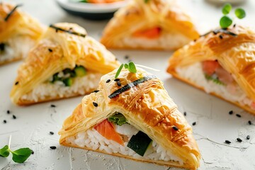 Flaky sushi-inspired pastry triangles on clean surface