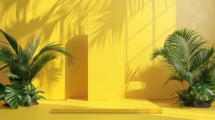 Fototapeta premium A blank yellow display on a vivid summer background with a minimal style. The blank stand is ideal for showcasing products. This is a 3D rendering.
