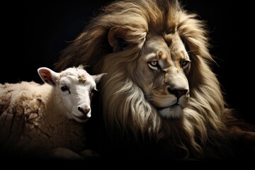 Fototapeta premium The lion and the lamb together standing on black background