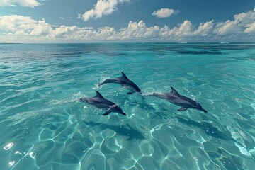 Naklejka premium Three dolphins leap from the ocean, sunlight glistening on the water behind them. Generative AI