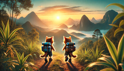 Two adventurous cats wearing small backpacks and hiking boots, trekking along a scenic mountain trail with a beautiful sunrise in the background. The landscape is lush and green.