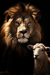 Fototapeta premium The lion and the lamb together standing on black background