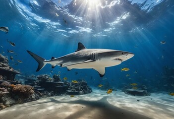 Obraz premium Underwater Spectacle: Marvel at the Grace and Power of Sharks and Giant Fish
