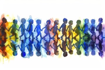 Colorful silhouettes of people walking, abstract and dynamic, vibrant and energetic, digital art