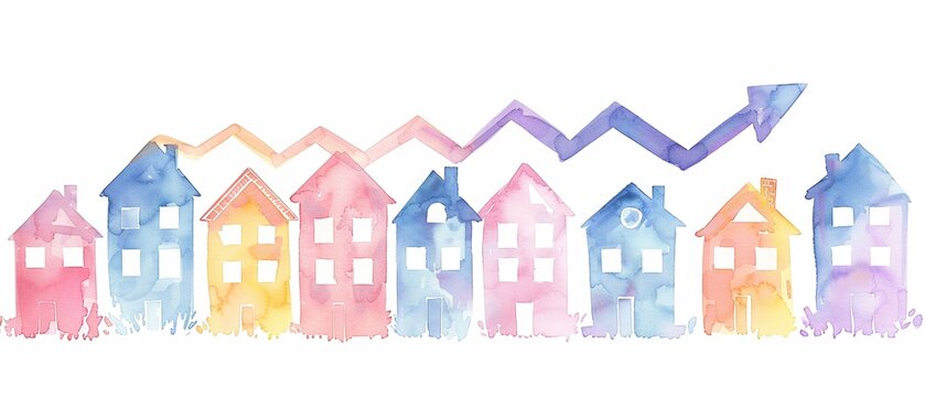 Upward arrow on a real estate market report, houses in the background, watercolor, realistic