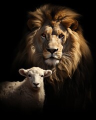 Fototapeta premium The lion and the lamb together standing on black background