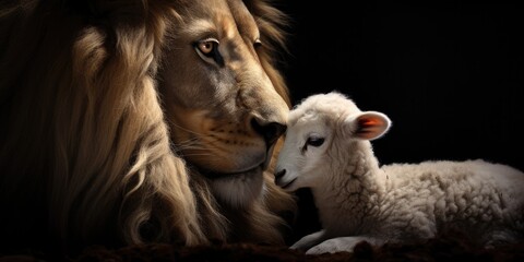 Obraz premium The lion and the lamb together standing on black background