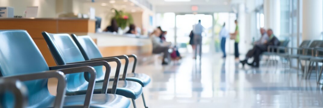 Blue chairs in a hospital waiting area with patients in the background. Clean and organized medical environment