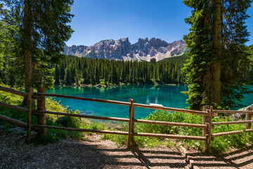 Karersee lake in the Dolomites, South Tyrol, Italy, also known as lake Carezza
