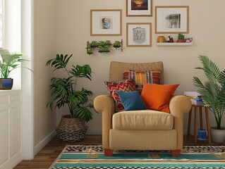 Living room with cozy armchair, colorful throw pillows, and family photo frames on the wall , Cozy, Armchair, Living room, Colorful, Throw pillows, Family