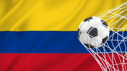 Naklejka premium Football ball with the national flag of Colombia. Flag of Colombia. Horizontal Realistic waving flag of State of Colombia. Fabric textured flowing flag of Colombia. vector illustrator 