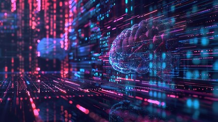 Obraz premium A futuristic visualization of artificial intelligence algorithms processing and analyzing big data in real-time.