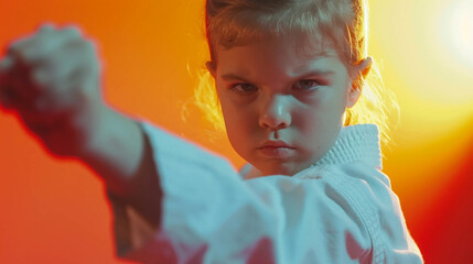 Kid learns Karate or taekwondo. Sport, movement, childhood sport concept