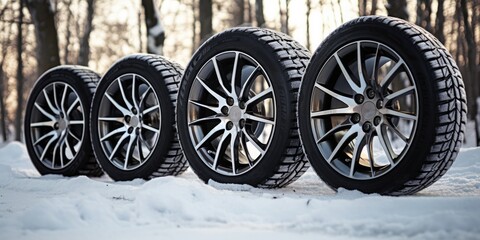 Wheels with winter tires ready for winter with snow and all difficult weather conditions