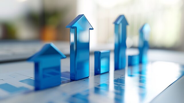A blue acrylic arrow bar graph displayed on a white isolated background, symbolizing a blue chart and arrow. This image represents concepts related to business, economics, and money investment.