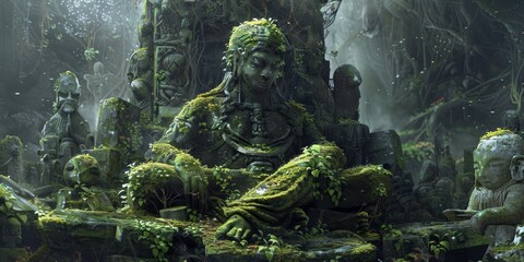 A statue of a person sitting on a stone slab with moss growing on it generated by AI - Powered by Adobe