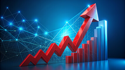 Red polygonal arrow on blue background with financial chart