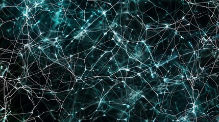 Abstract digital web with white lines and teal nodes on a black background, modern and clean