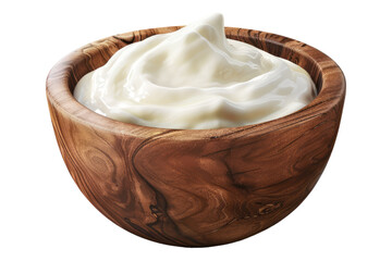 Greek yogurt in wooden bowl isolated on transparent background