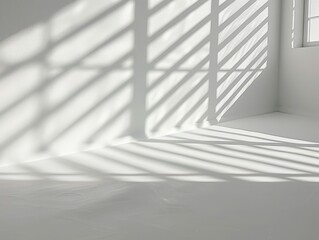 Obraz premium Realistic and minimalist blurred natural light windows, shadow overlay on wall paper texture, abstract background. Minimal abstract light white background for product presentation.