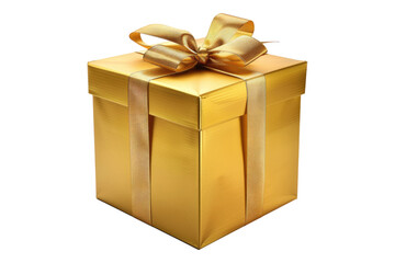Golden gift box with golden ribbon isolated on transparent background