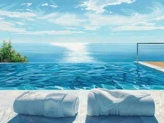 Rolled Towels Beside a Blue Infinity Pool With a View of the Ocean on a Sunny Day