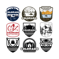 Obraz premium Colorful summer Colorado outdoors labels set. Vector. Concept for shirt or patch, print, stamp. Vintage typography design with rv trailer, 